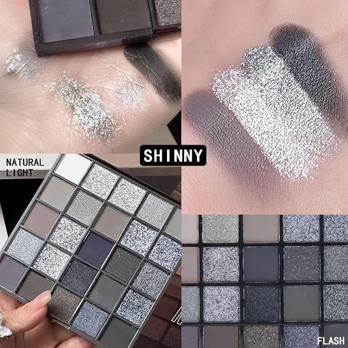 25-Color Black Matte & Shimmer Eyeshadow Palette – High Pigmented Silver Cool Smoky Pearlescent Dark Shades for Goth Makeup, No Fading, No Smudge, Long Lasting Waterproof