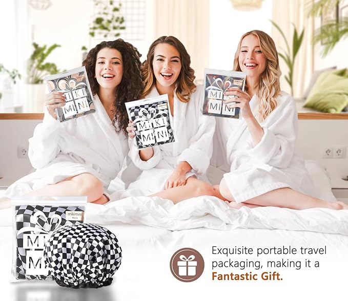 mikimini Shower Cap for Women, Reusable, Double Layers Waterproof Bathing Shower Hat with Soft Comfortable PEVA Lining, Non-fading, Stretchy & Shower Cap for Long Hair Medium Pack of 2, Checkered