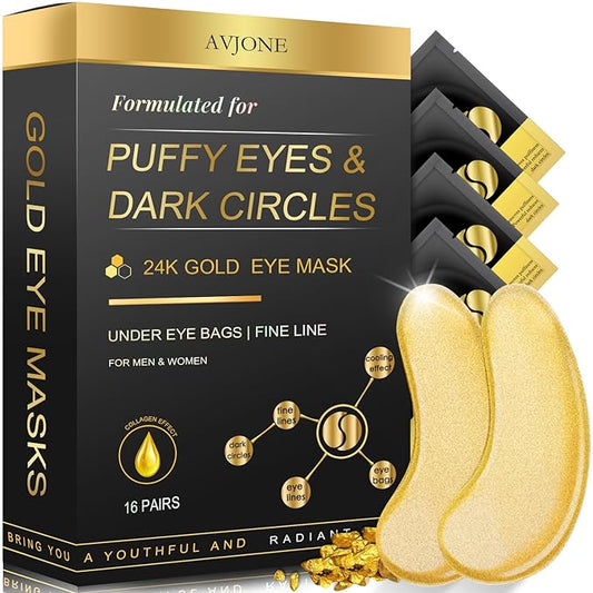 AVJONE 24K Gold Under Eye Patches (16 Pairs), Collagen eye masks for dark circles and puffiness, eye patches for women puffy eyes, Revitalises and Refreshes Your Skin