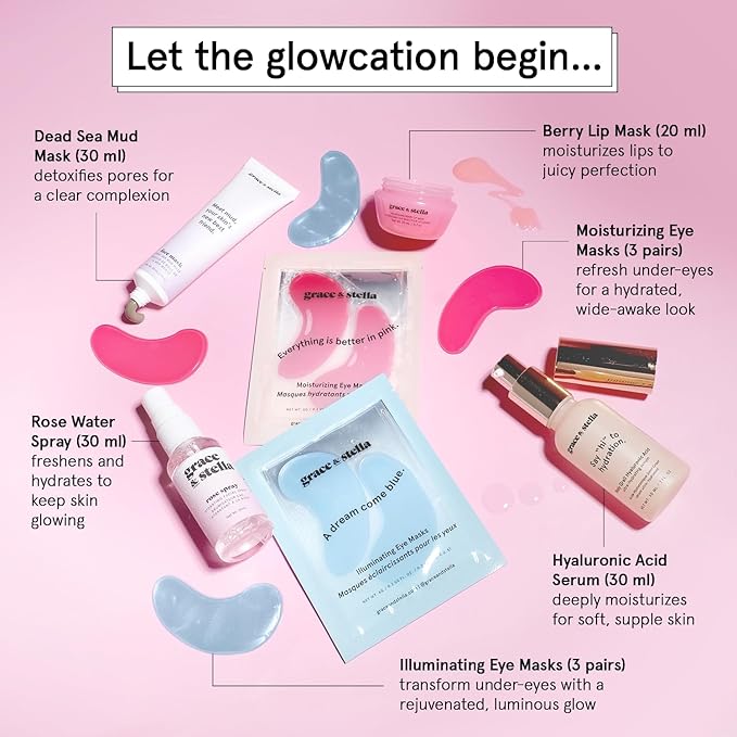 grace & stella Award Winning Skin Care Set - Stocking Stuffers for Girls, Birthday Gifts for Her, Travel Size Toiletries with Eye Masks, Hyaluronic Acid Serum, Lip Balm & More, Gift Baskets for Women