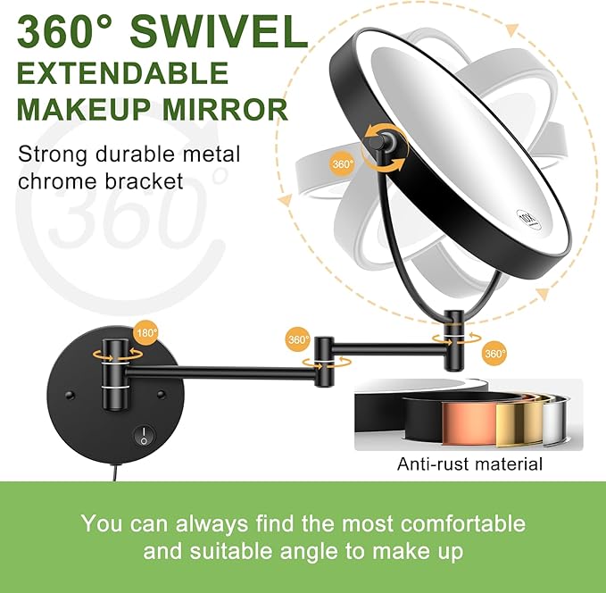 Anfauny 9 Inch Wall Mounted Lighted Makeup Mirror, Double Sided 1X/10X Magnifying LED Vanity with 3 Color Lights and Stepless Dimming, 360°Swivel Extendable Cosmetic for Bathroom- Black