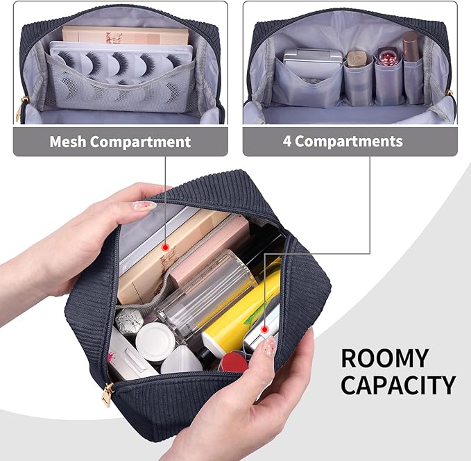 MAGEFY Small Makeup Bag for Purse Portable Makeup Pouch with Compartments Corduroy Make up Bag for Women Travel Cosmetic Essential (Dark Gray, FACE)