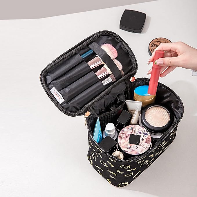 AmBealla Make up Bag Travel Cosmetic Bags Brush Holder Zipper Pouch Case Organizer Cute Organizer Suitable for Purse for Women (Black Bucket Bag)