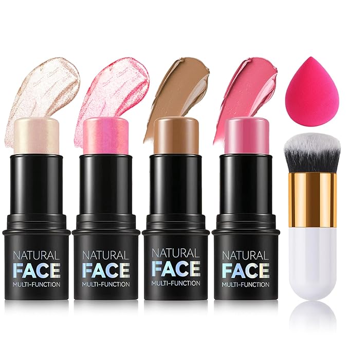 DAMUSI 6PCS Highlighter and Contour Sticks,Shades with Highlighter Stick,Cream Bronzer Stick,Cream Blush Stick for Sculpt the Cheeks,Lightweight Contour Makeup Kit for Beginners - Set B