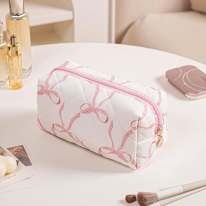 Gleyemor Small Quilted Makeup Bag for Women, Cute Floral Bow Cosmetic Bag, Emergency Bag Travel Toiletry Cotton Pouch Gifts for Girls Her Mom Friend Sister Bridesmaid (Big Pink Bow)