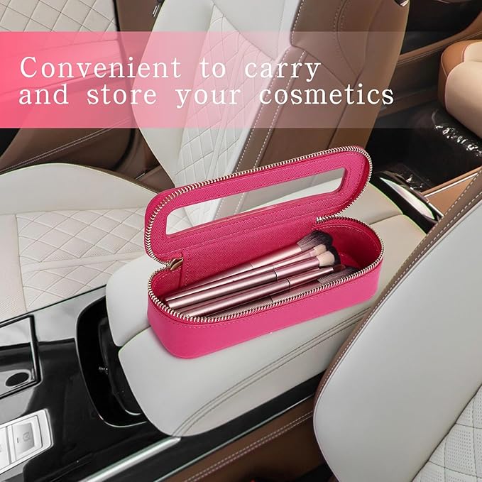 Makeup Brush Case Clear Travel Cosmetic & Toiletry Bag Slim Makeup Bag with Zipper Small Purse Organizer Car Essential Bag for Women (X/Fuxia, SLIM-3)