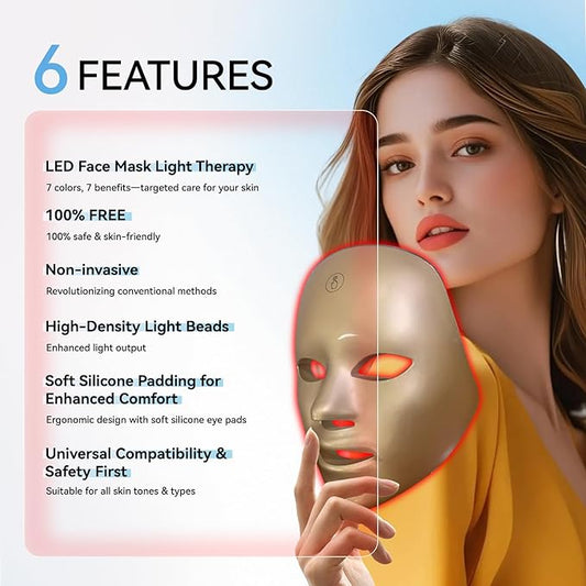 LED Face Mask Light Therapy – 7-in-1 Colors Facial Skin Care Mask for At-Home Use, Portable, Cordless & USB Rechargeable (Gold)