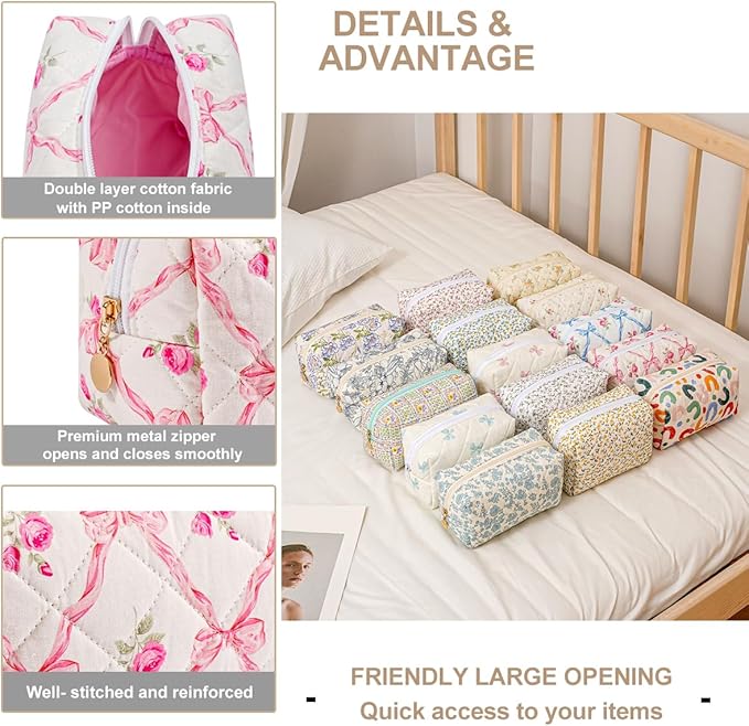 Gleyemor Small Quilted Makeup Bag for Women, Cute Floral Bow Cosmetic Bag, Emergency Bag Travel Toiletry Cotton Pouch Gifts for Girls Her Mom Friend Sister Bridesmaid (Pink Bowknot&Rose)