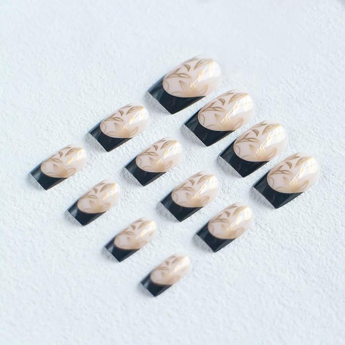 Black French Tip Press on Nails Medium Square Fake Acrylic False Nails With Gold Leaf Designs Glossy Artificial Luxury Stick on for Women 24Pcs