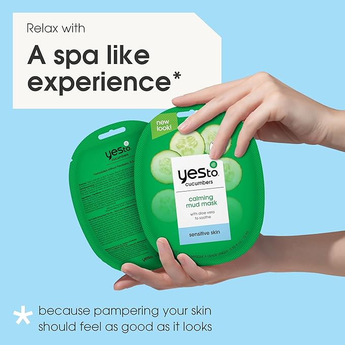 Yes To Cucumbers Calming Mud Mask with Aloe Vera for Sensitive Skin, for Men, Women and Teens, No Paraben, 3 Pack