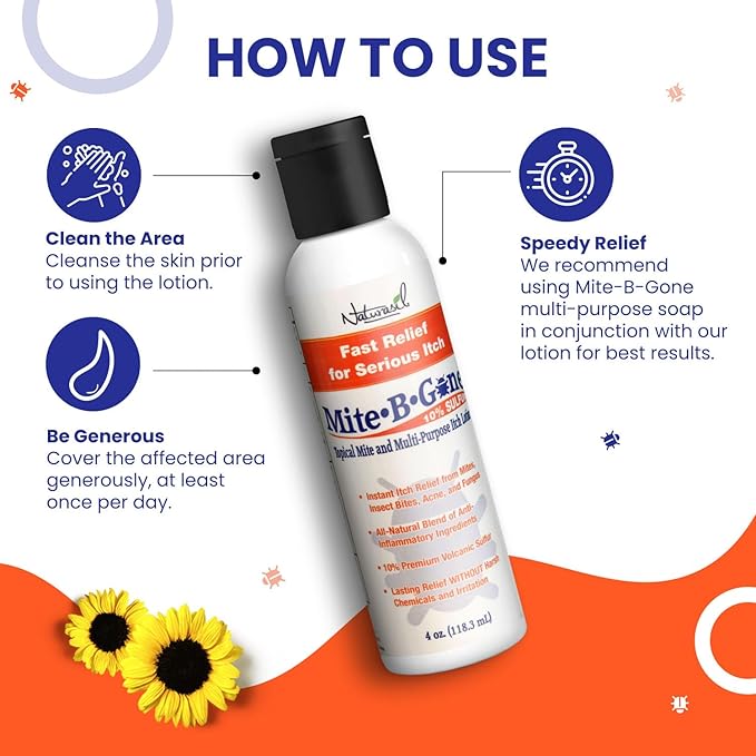 All-Natural Itch Relief by Mite-B-Gone - Sulfur Lotion Treatment for Acne, Bug Bites, Skin Redness & Itching, Discomfort & Rosacea | Safe for Kids and Adults| Fast & Effective for All Skin Types| 4 oz