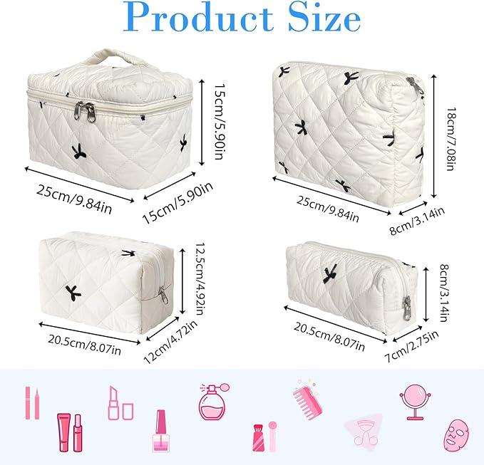 4 Piece Cute Bow Embroidered Quilted Makeup Bag Set, Large Capacity Travel Makeup Bags for Women and Girls, Includes Small, Small-Medium,Medium, and Extra Large aesthetic makeup&Cosmetic Bags