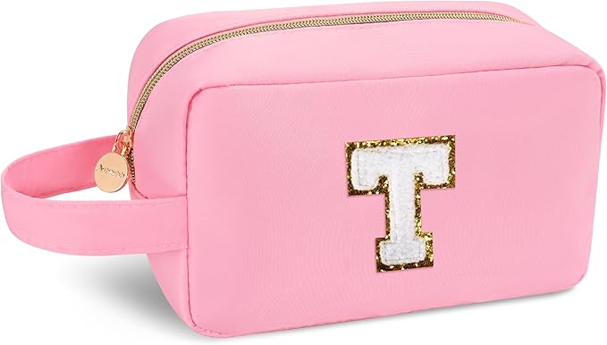 Aveniee Teacher Appreciation Gifts,Personalized Initial Makeup Bag,Large Preppy Cosmetic Bag,Birthday Christmas Gifts for Teachers,Moms,Bridesmaids,Best Friends-Pink T