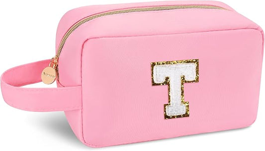 Aveniee Teacher Appreciation Gifts,Personalized Initial Makeup Bag,Large Preppy Cosmetic Bag,Birthday Christmas Gifts for Teachers,Moms,Bridesmaids,Best Friends-Pink T
