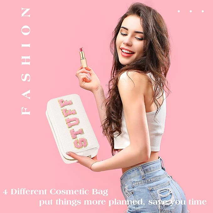 4 Pcs Preppy Patch Makeup Bag Corduroy Cosmetic Bag Makeup Accessories Skincare Pouch Chenille Letter Portable Zipper Face Pouch Cute Toiletry for Women Travel(Pink White Series Color)