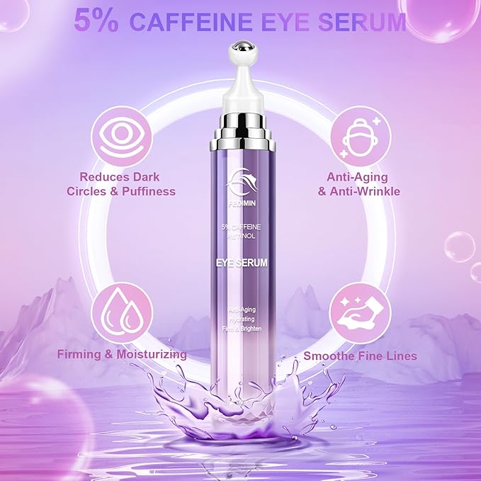 5% Caffeine Eye Cream for Dark Circles Under Eye Treatment Eye Serum for Wrinkles Fine Lines, Retinol Eye Care Eye Cream for Puffiness and Bags Eye Serum with 360° Massage Roller-Ball (Light Purple)