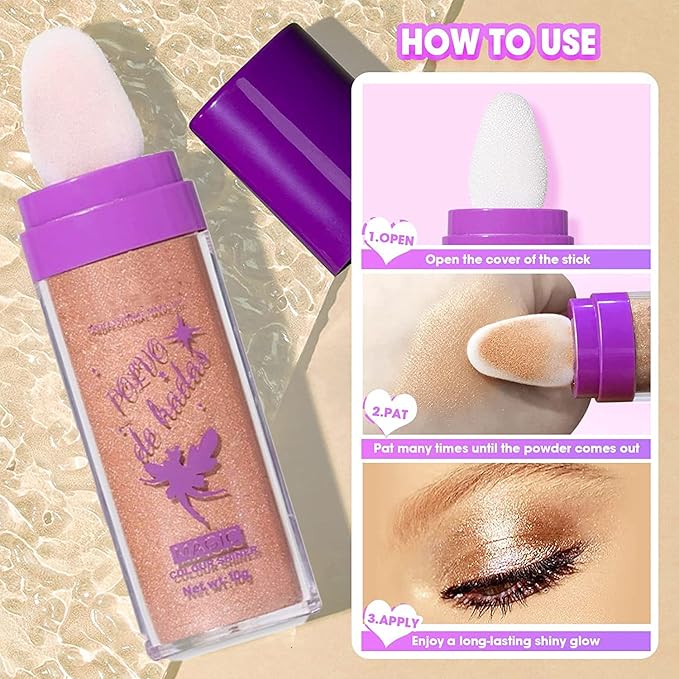 2pcs/set Polvo De Hadas Highlighters, Glitter Brightens Face Cheeks Body Lips Highlighting Patting Powder, Three-Dimensional Shimmer Bronzer Blusher Highlight Makeup Kit (Golden Brown)