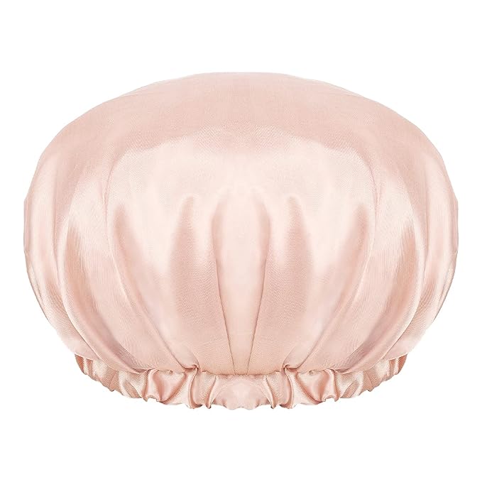 Auban Extra Large Shower Cap, Bowknot Double Layer Reusable Bath Hair Caps With Silky Satin for Women Beauty Bathing, Hair Spa, Home Hotel Travel Use (Beige)