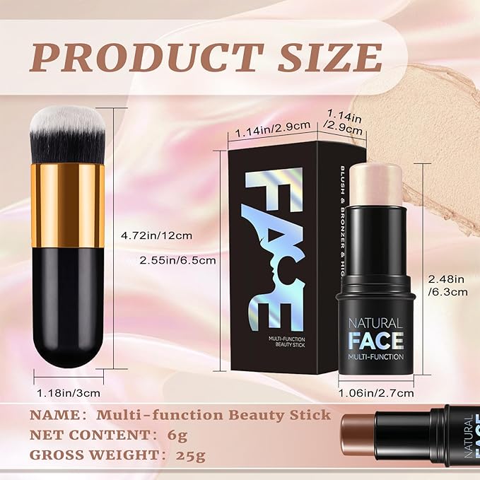 3 Pcs Cream Contour Sticks, Contour Makeup Shades with Highlighter Stick, Blush Stick and Bronzer Stick, Contour Kit with Contour Brush Blendable, Waterproof, Long-lasting