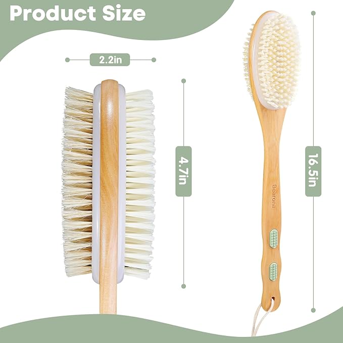 Bearona Body Brush with Exfoliating Mitt Set,Dual-Sided Long Handle with Soft and Stiff Natural Bristles, Shower Scrub for Dead Skin Removal,Body Exfoliator for Bath or Dry Brush