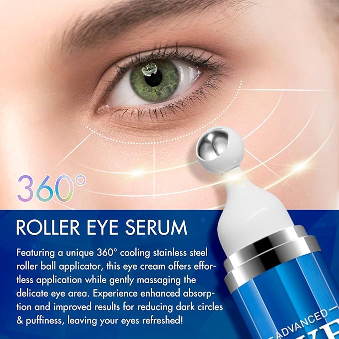5% Caffeine Eye Cream for Women, Under Eye Serum for Dark Circles Puffiness Fine Lines Wrinkles with 360° Roller Massage Ball, Morning Night Skin Care, 0.5 Fl Oz