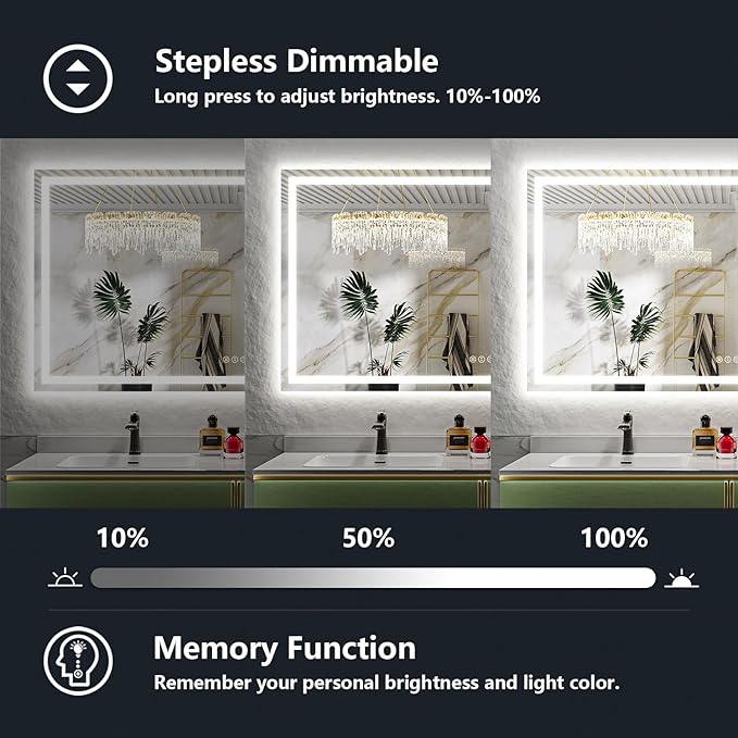 66x40 Inch LED Bathroom Mirror with Lights Front and Backlit Lighted Vanity Mirror for Bathroom Wall with 3 Colors Dimmable Anti-Fog Memory Shatter-Proof IP54 Waterproof Horizontal/Vertical