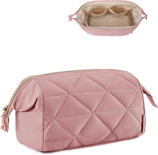 BAGSMART Makeup Bag Travel Cosmetic Bag, Puffy Padded Make Up Bags for Women Makeup Organizer Case, Wide-open Pouch Purse Travel Essentials Toiletries Accessories Brushes, (Dark Pink)