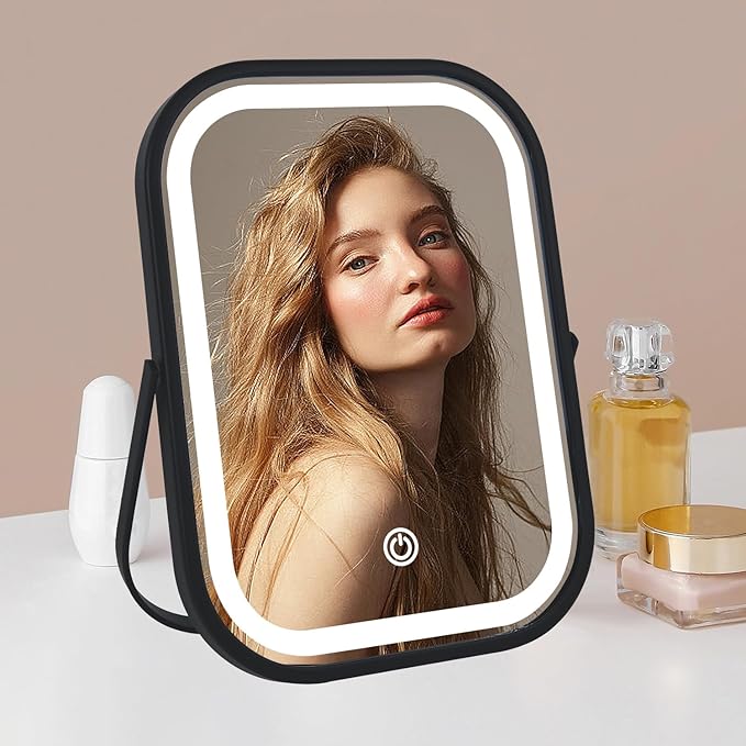 Black Travel Mirror with Lights, Small LED Makeup Mirror with Lights,Portable Desk Mirror 1200mAh Battery,3 Color Modes,Dimmable Touch Screen, Tabletop Folding Compact Mirror,Women Gift