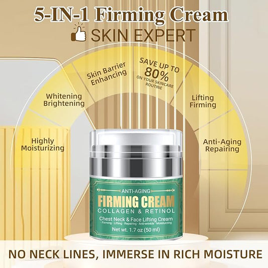 Anti Aging Firming Neck Cream, 5-IN-1 Face Tighten and Lift Neck Cream, Anti Wrinkle Neck Retinol & Collagen Cream, Chest Neck & Face Lifting|Repairing|Moisturzing Skin Care for Men & Women(1.7 OZ)