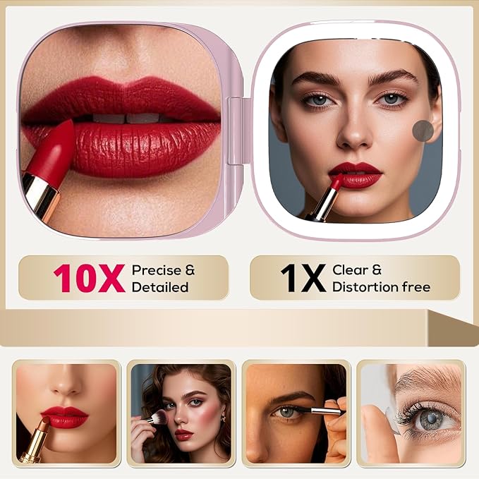 Adjustable Brightness Compact Mirror, Lighted Travel Mirror with 1X/10X Magnifying,Double Sided,Mini Dimmable Portable for Handbag and Pocket, USB C Charging,for Girls Women(Pink)