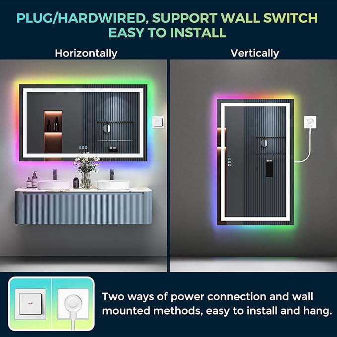 60x36 Inch RGB LED Bathroom Mirror Front Light and RGB Backlit Lighted Vanity Mirror for Bathroom Wall Mounted Dimmable Anti Fog Memory Shatter-Proof IP54 Waterproof Horizontal/Vertical