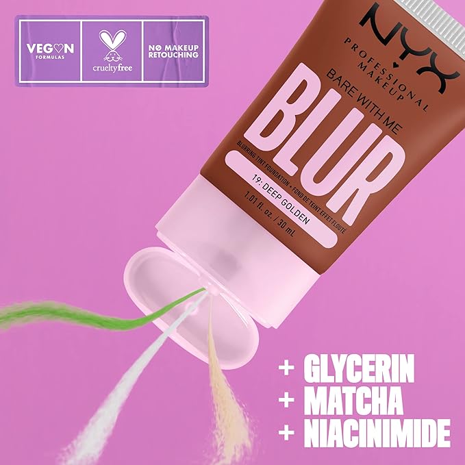 NYX PROFESSIONAL MAKEUP Bare With Me Blur Skin Tint Foundation Make Up with Matcha, Glycerin & Niacinamide - Deep Golden