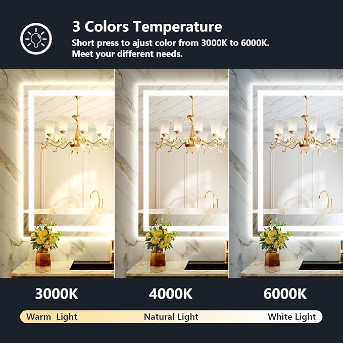 55x40 Inch LED Bathroom Mirror with Lights Front and Backlit Lighted Vanity Mirror for Bathroom Wall with 3 Colors Dimmable Anti-Fog Memory Shatter-Proof IP54 Waterproof Horizontal/Vertical