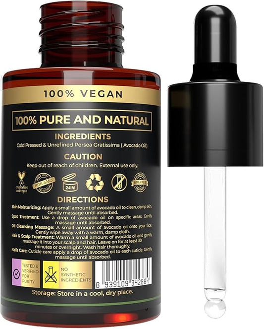 The Organic Forest 100% Pure & Natural Avocado Oil for Face Hair Skin and Nails, Collagen Boost, Anti Aging, 1 Fl Oz