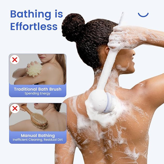 Electric Shower Brush for Body Back Scrubber, Automatic Body Scrubber, Rechargeable Bath Brush with 2 Heads, 3 Speeds & Waterproof, for Cleansing, Massaging, Exfoliating, Coconut Milk White