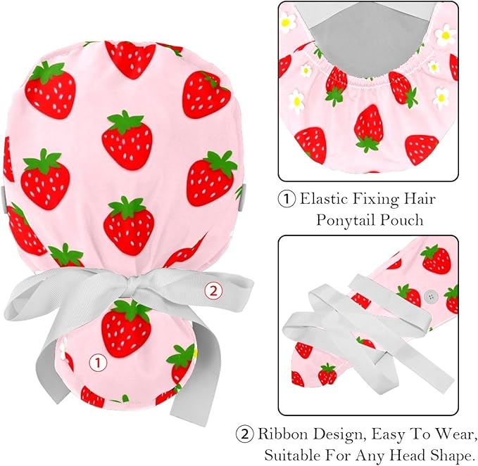 2 PCS Bouffant Cap with Button Ponytail Pouch Working Cap Sweatband Adjustable Surgical Cap Black and White Cow