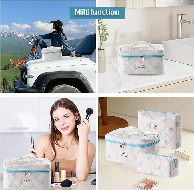 3 Piece Cute Blue Bow Quilted Makeup Bag Set, Large Capacity Travel Makeup Bags for Women and Girls, Includes Small, Medium, and Extra Large aesthetic makeup&Cosmetic Bags (3PCS-Blue Bow)