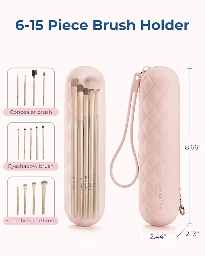 BAGSMART Makeup Brush Holder Bag, Travel Small Makeup Bag for Purse, Make Up Brush Bag Case Cosmetic Bag, Silicone Soft Portable Face Brushes Travel Essentials Organizer Holder, Pink