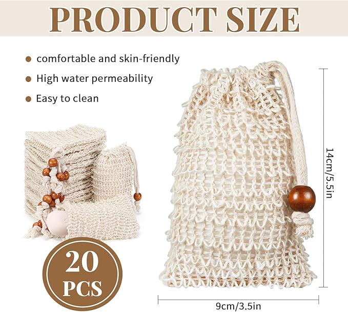 20 Pack Soap Exfoliating Bag, Natural Sisal Soap Saver Bag with Drawstring, Soap Saver Bag with Wooden Bead, Exfoliating Soap Bag for Shower