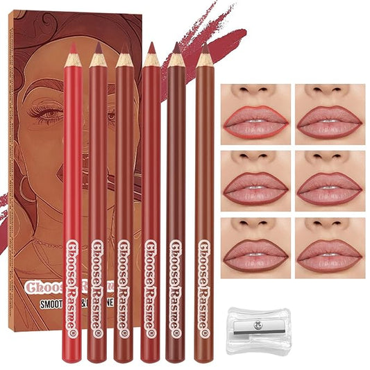 6PCS Nude Brown Lip Liner Set With Sharpener, Waterproof, Long-Lasting & Smudge-Proof Matte Pencil, Smooth and High Pigmented Creamy Lip Liners Makeup Set for Women