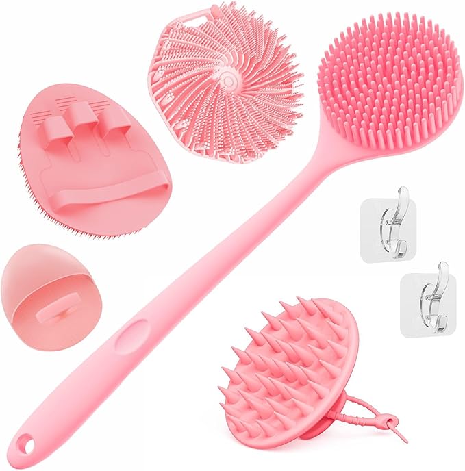 Manmihealth Silicone Back Scrubber & Soft Bath Glove, Silicone Scalp Massager Set 5 PCS, Super-Exfoliating Body Scrubber Shower Brush & Shampoo Brush Combination, with 2 Free Hooks (Style 1 Pink)