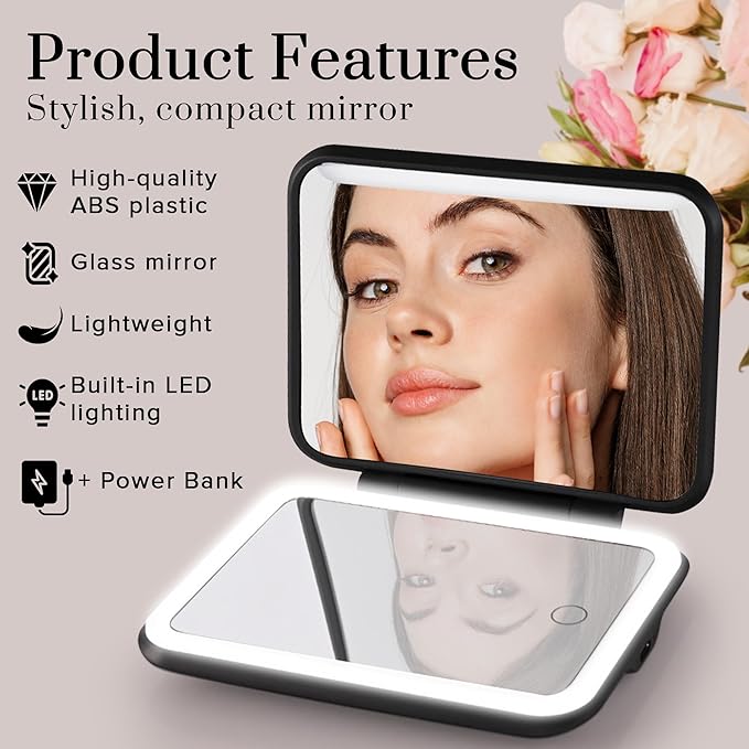 JENNI V LED Compact Mirror with Light, 5X Magnification and Power Bank Changer - Handheld Pocket Mirror - Rechargeable Travel Mirror with Light - Small Portable Makeup Mirror for Purse (Black)