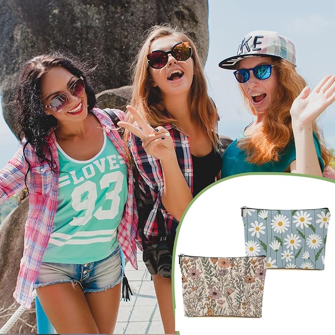 2pcs Vintage Floral Makeup Bag, Daisy Flower Cosmetic Bag Garden Gifts for Women Female Girls Sister BFF Nature Lover, Travel Zipper Pouch Christmas Thanksgiving Birthday Gifts