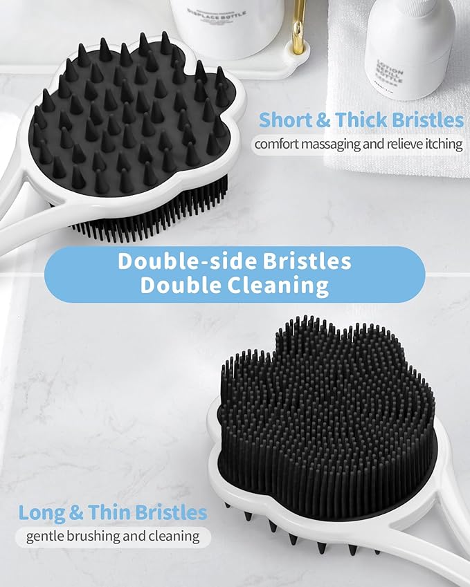 Manmihealth 15.7" Cute Silicone Body Scrubber & Soft Shower Brush Face Scrubber Set (3 PCS), Paw-Shaped Silicone Back Brush & Body Facial Scrubber with Super-Soft Bristles Combination(BlackSet)