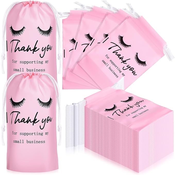Abbylike 100 Pcs Eyelash Aftercare Lash Bags for Clients Eye Lash Print Drawstring Makeup Bag Empty Beauty Gift Cosmetic Sample Pouch for Women Small Business Supplies, 4 x 6 in(Pink)