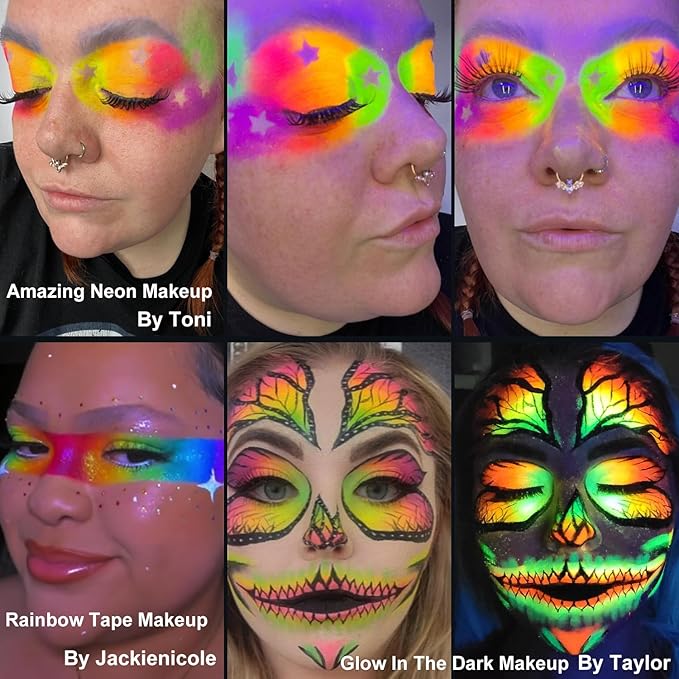 Afflano Neon Makeup Palette - Glow in the Dark Eyeshadow, Highly Pigmented, UV Blacklight Eye Shadow Palette with Red, Orange, Pink Pressed Glitter Eyeshadows