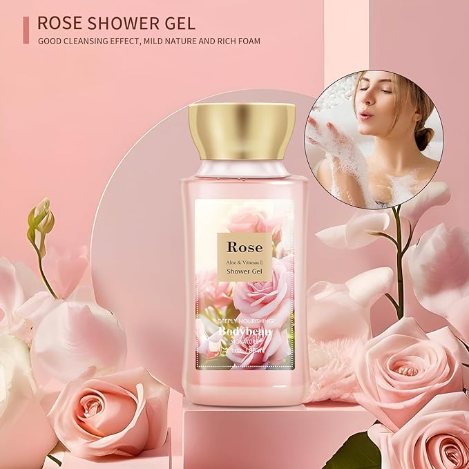 Bath and Body Gift Set for Women & Girls, Rose 3PCS Set for - Shower Gel, Body Lotion, Body Mist, Personal Portable Body Care Travel Set for Birthday Mother's Valentine's Day Gifts for Her