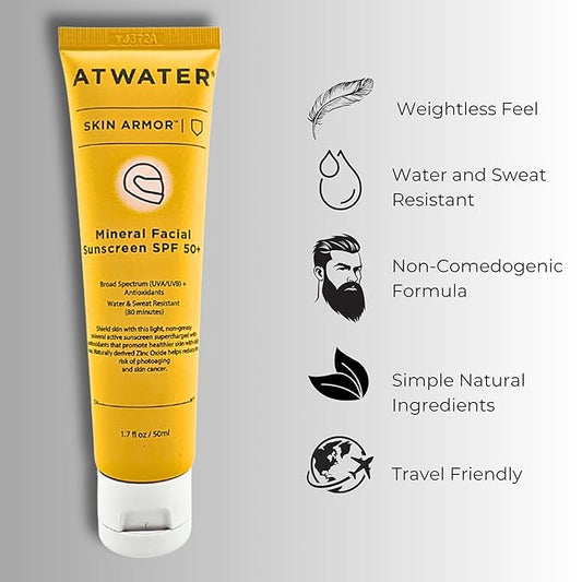 ATWATER Skin Armor Mineral Face Sunscreen SPF 50+, Ultra Light All-in-One Sunblock Moisturizer for Men and Women, Water & Sweat Resistant - 1.7 oz