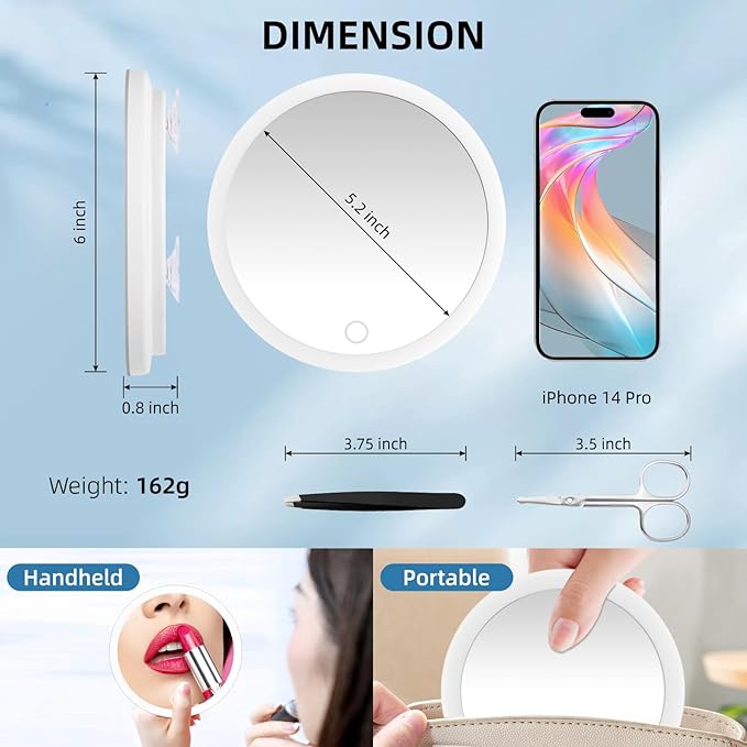 10X Magnifying Mirror with Lights, 10X Magnified Mirror with 3 Color Lights Adjustable Brightness, Rechargeable 6inch Travel Magnification with 3 Suction Cups - Includes Tweezers & Scissors