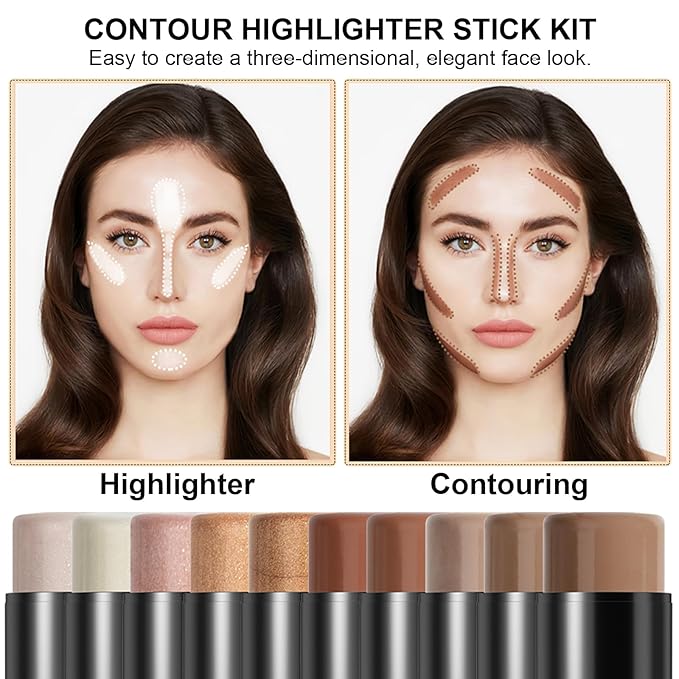 2Pcs Cream Contour and Highlighter Kit, Longwear Waterproof Formula for Brightening and Trimming Cheeks, Makeup Brush Included (#02, 08)